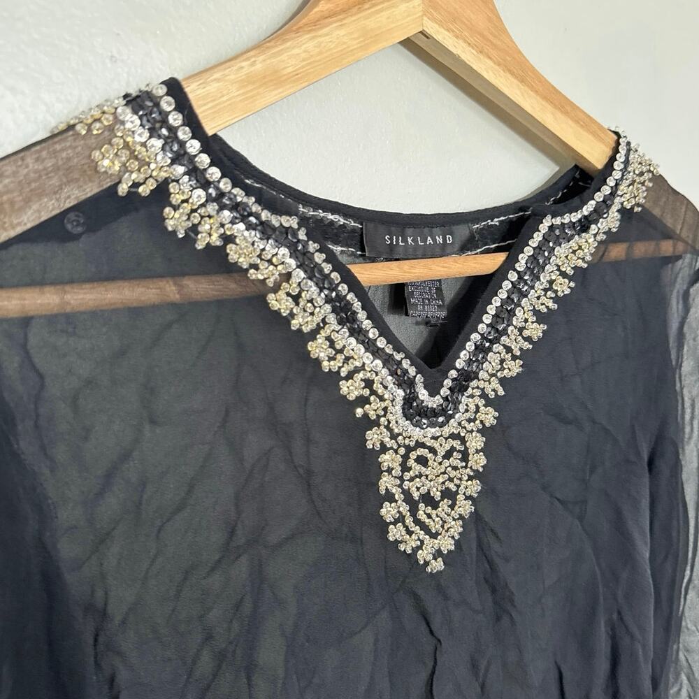 Women's Size S Silkland Black Sheer 100%  Silk Beaded Bedazzled Long Sleeve Top